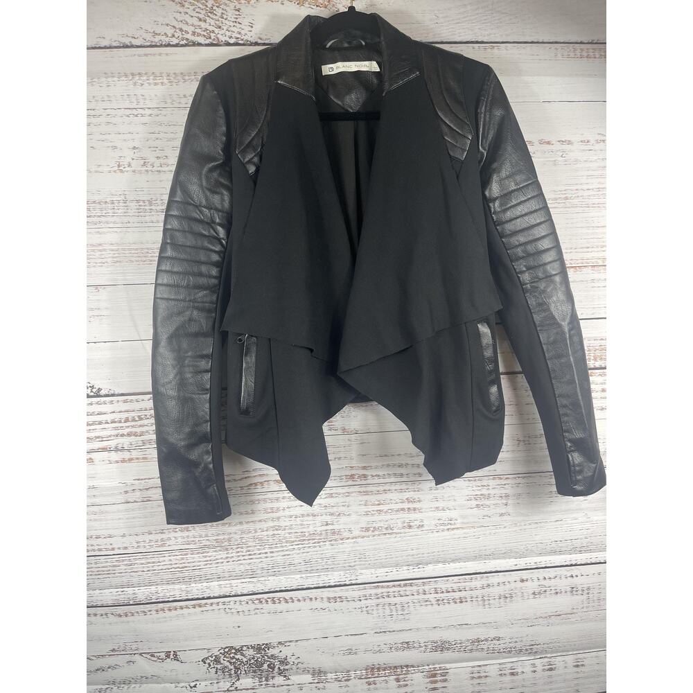 Blanc Noir Jacket Womens Small Black Faux Leather Moto Drape Open Front Quilted - Picture 2 of 12